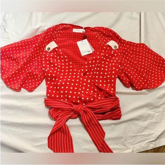 NWT Zimmermann 100% Silk Red Polka Dot Wrap Top | US Size 2P - Picture 3 of 9